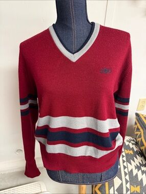 Jaeger Vintage V-Neck Stripe Sweater in Burgundy and Navy